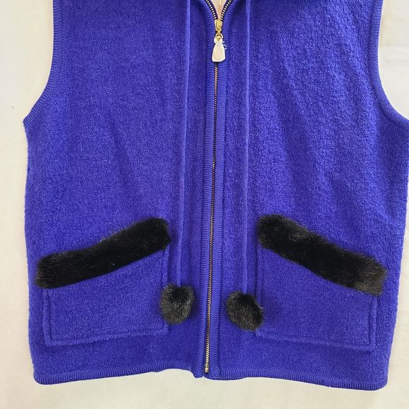 NWT Lisa Int. Women (L) Blue Boiled Wool Vest w/Faux Fur Collar-HAS ISSUES - Picture 7 of 16